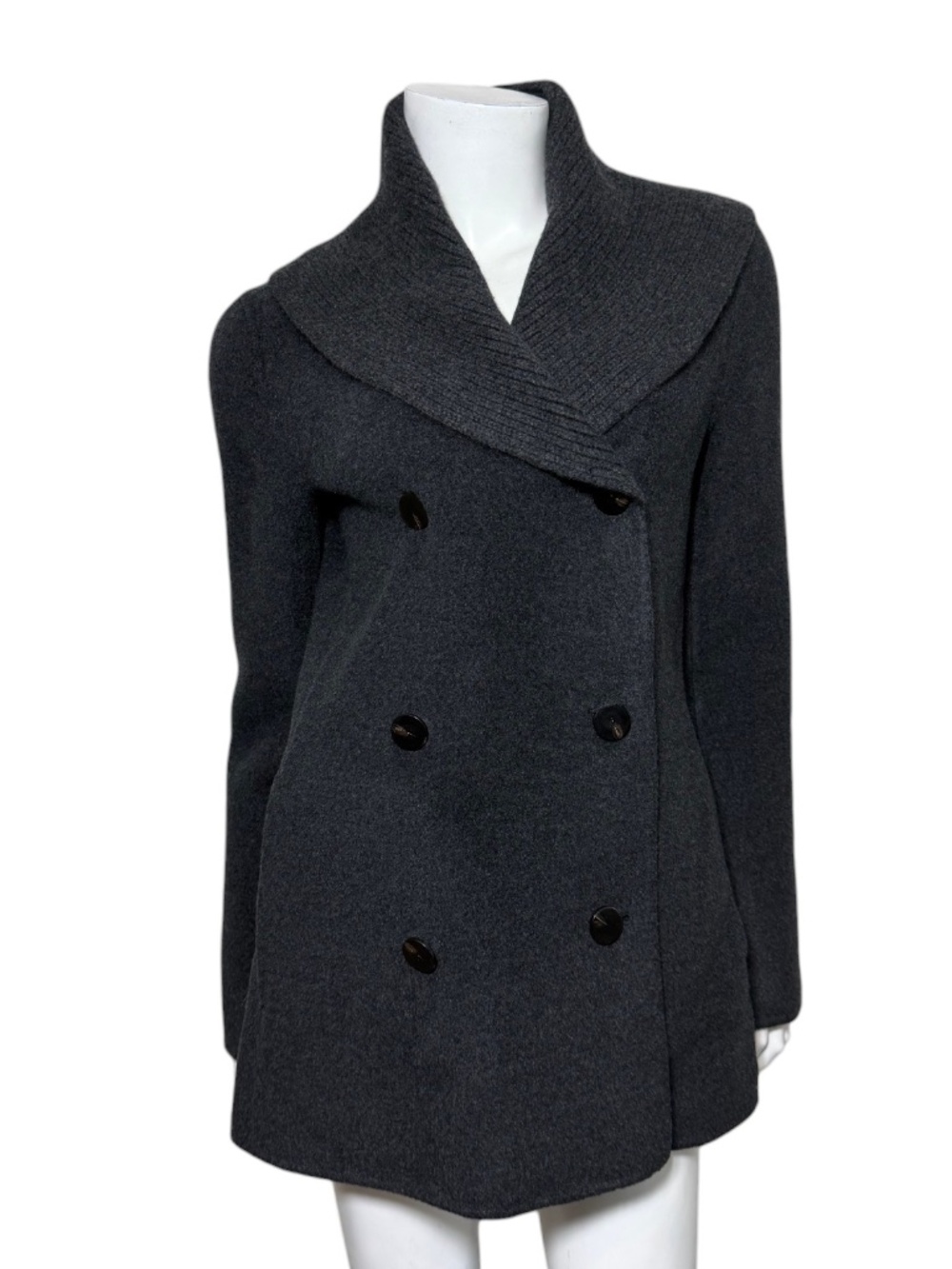 Theory Charcoal Grey Wool Cashmere Shawl Collar Double Breasted Peacoat Sz S
